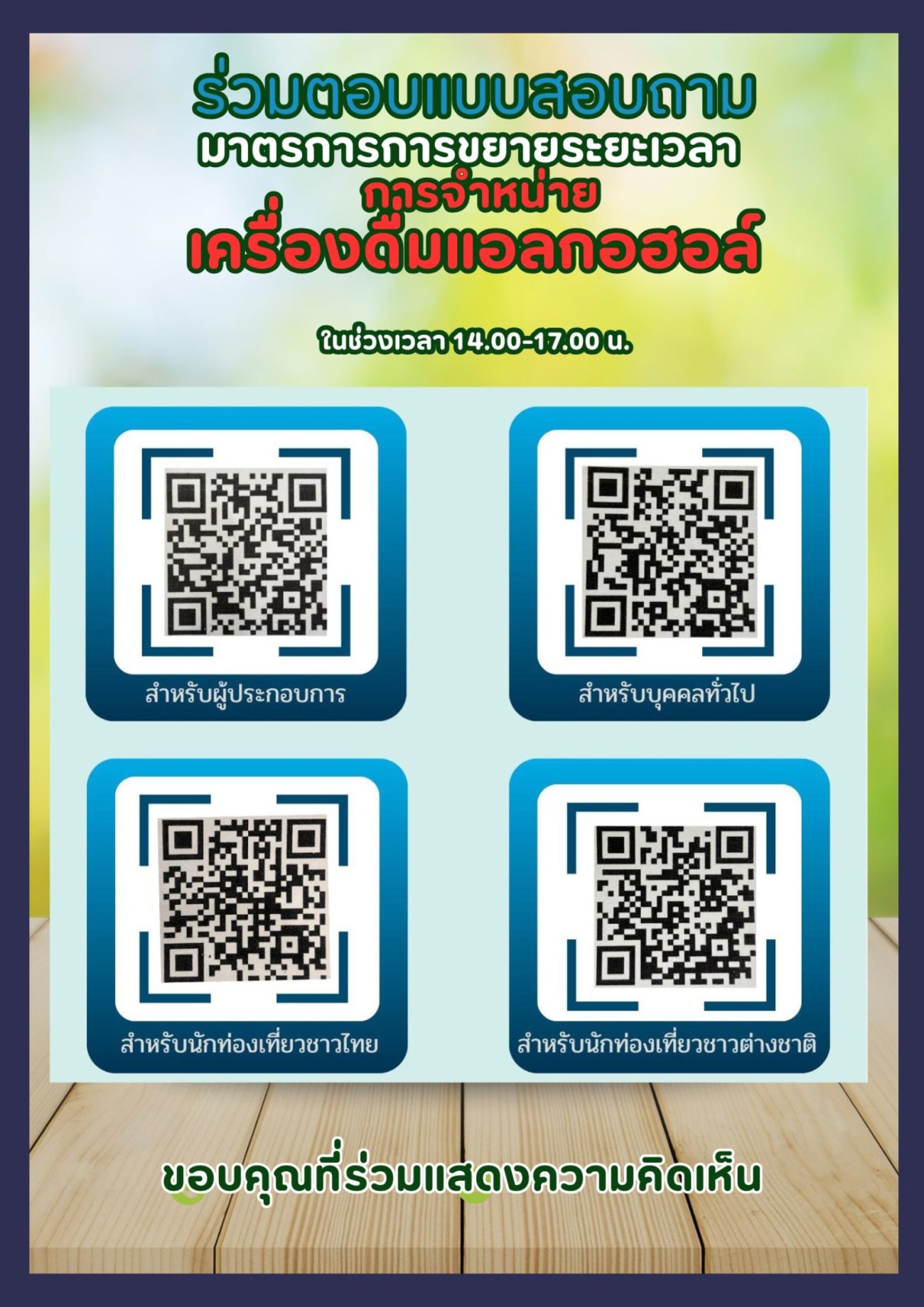 ประชาสัมพันธ์  เทศบาลตำบลเรณูนคร ขอความร่วมมือ และเชิญชวนผู้ประกอบการ บุคคลทั่วไป นักท่องเที่ยวชาวไทย และนักท่องเที่ยวชาวต่างชาติ  ตอบแบบสอบถามต่อมาตรการขยายระยะเวลาการจำหน่ายเครื่องดื่มแอลกอฮอล์  ในช่วงเวลา 14.00 - 17.00 น.  ภายในวันที่ 31 มีนาคม 2569  ตามประกาศคณะกรรมการควบคุมเครื่องดื่มแอลกอฮอล์ เรื่อง กำหนดเวลาห้ามขายเครื่องดื่มแอลกอฮอล์ พ.ศ. 2568