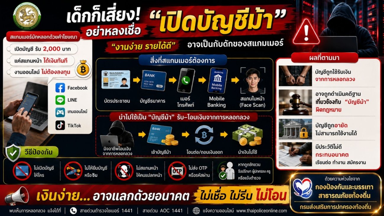 เทศบาลตำบลเรณูนคร ประชาสัมพันธ์ การสร้างความรู้ความเข้าใจเพื่อป้องกันการหลอกลวงทางออนไลน์ (Scammer)    ประชาสัมพันธ์ “รู้ทันกลโกง หยุดอาชญากรรมไซเบอร์”  เทศบาลตำบลเรณูนคร ขอประชาสัมพันธ์ให้ประชาชน รู้เท่าทันกลโกงออนไลน์และมิจฉาชีพ โดยเฉพาะการปลอมเป็นหน่วยงานรัฐ เพจปลอม การหลอกให้เปิดบัญชีม้า และ Romance Scam ที่สร้างความสัมพันธ์ก่อนหลอกให้โอนเงิน  สังเกตให้ดี  ตรวจสอบให้ชัวร์  อย่าหลงเชื่อ  ไม่เชื่อข้อความหรือเพจแปลกปลอม  ไม่รับ ไม่ให้ข้อมูลส่วนตัวหรือรหัส OTP  ไม่โอนเงินให้คนที่ไม่เคยพบตัวจริง  ตรวจสอบกับหน่วยงานโดยตรงก่อนดำเนินการใด ๆ จำให้ขึ้นใจ “ไม่เชื่อ  ไม่รีบ  ไม่โอน” ร่วมกันป้องกันตนเองและคนในครอบครัวให้ปลอดภัยจากภัยออนไลน์